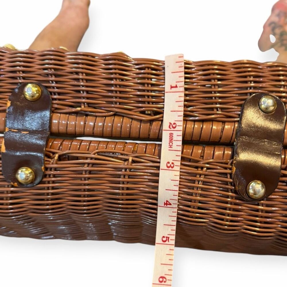 VINTAGE Brown Rattan Wicker Beaded Box Handbag Top Handle Purse Empire Made - Picture 5 of 7